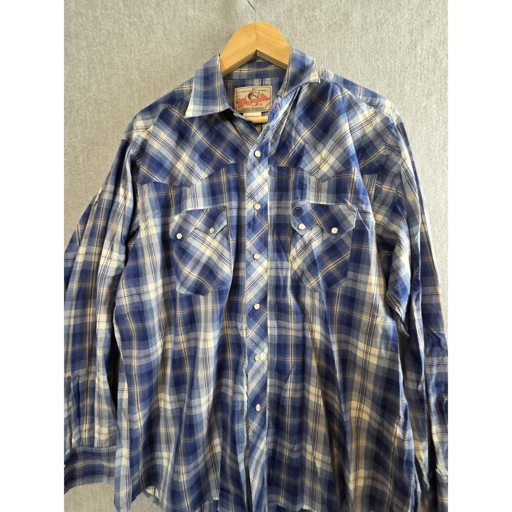 Wrangler Western Vintage Shirt L Blue Plaid Thick Stitch Pearl Snap Cowboy Retro